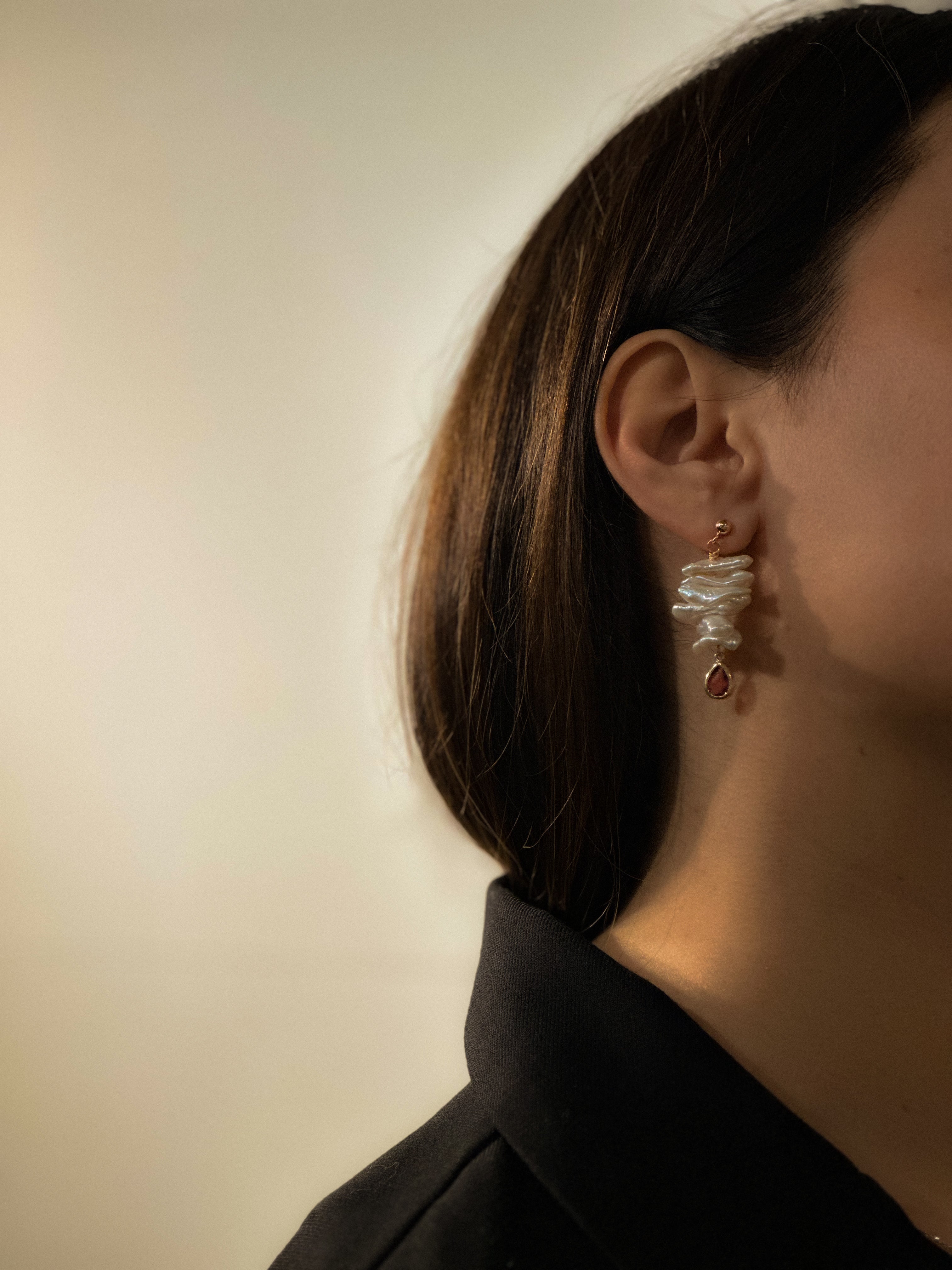 Biwa Pearl Dangle Ruby Earrings
