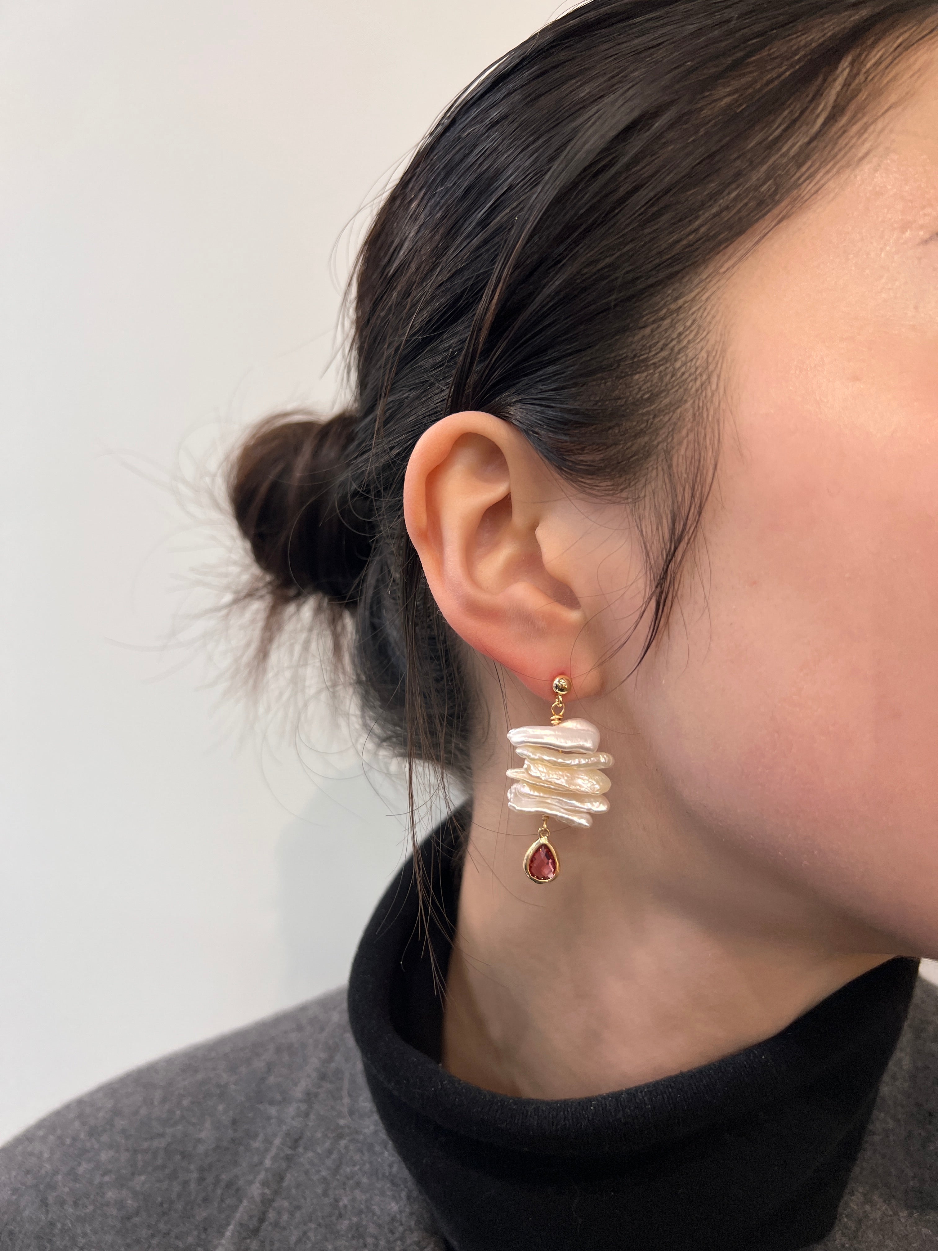 Biwa Pearl Dangle Ruby Earrings