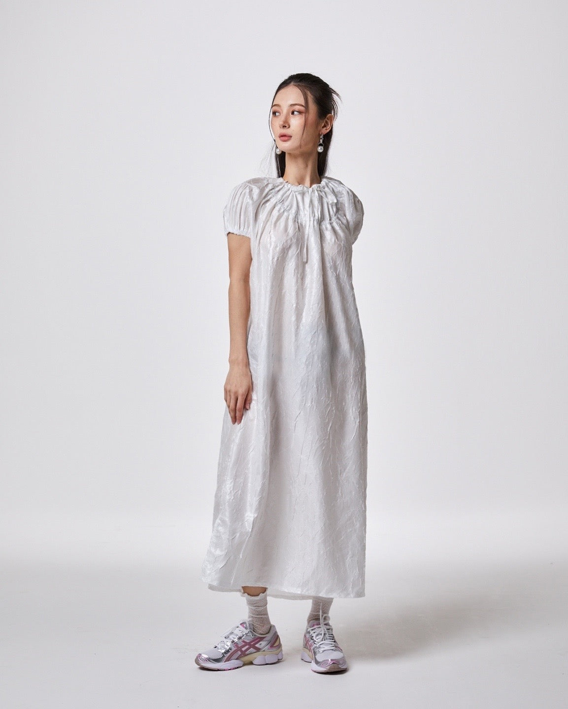 Goy Textured Gathered White Dress