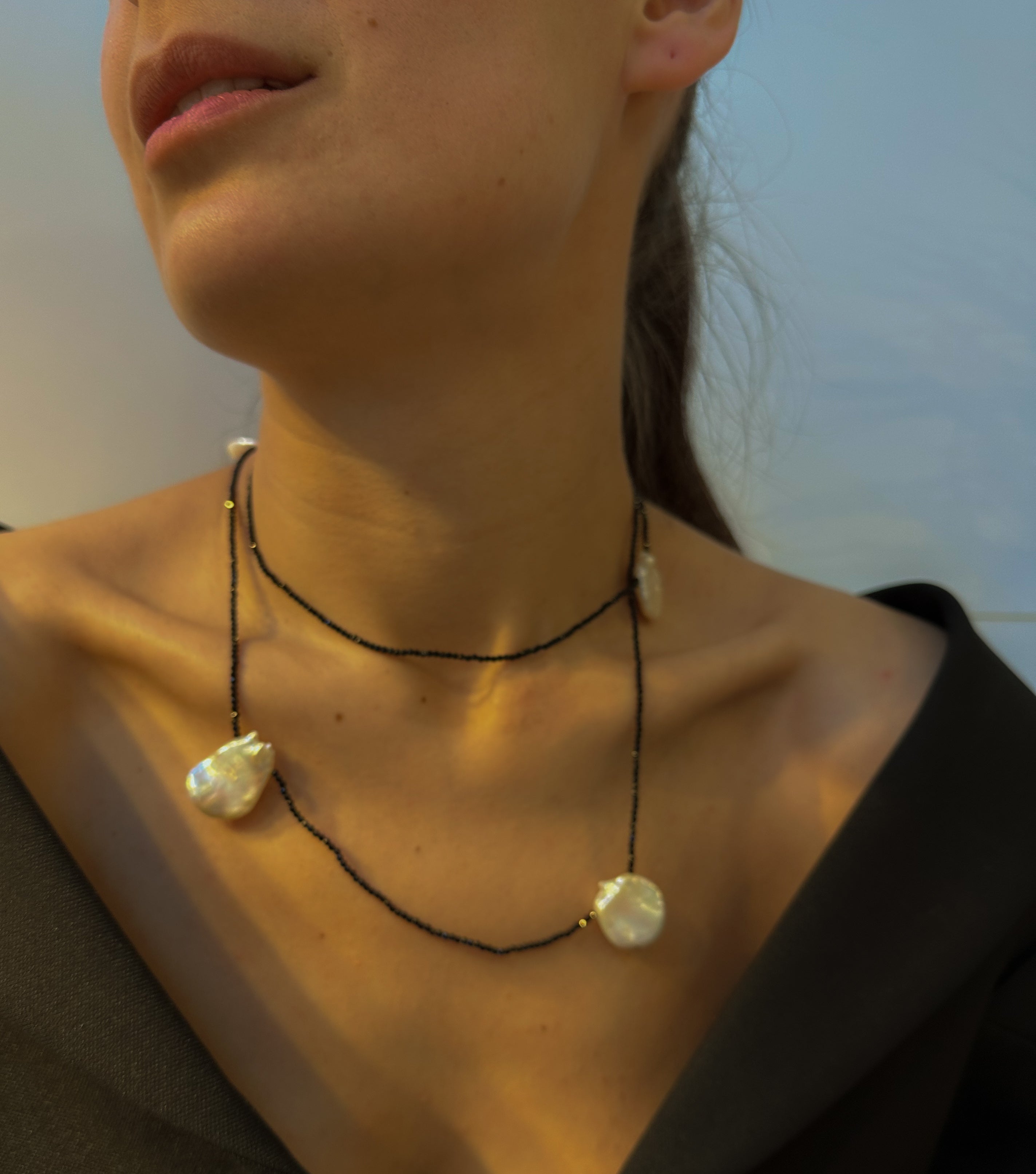 Rothko five Petal Pearl Black Spinel Necklace