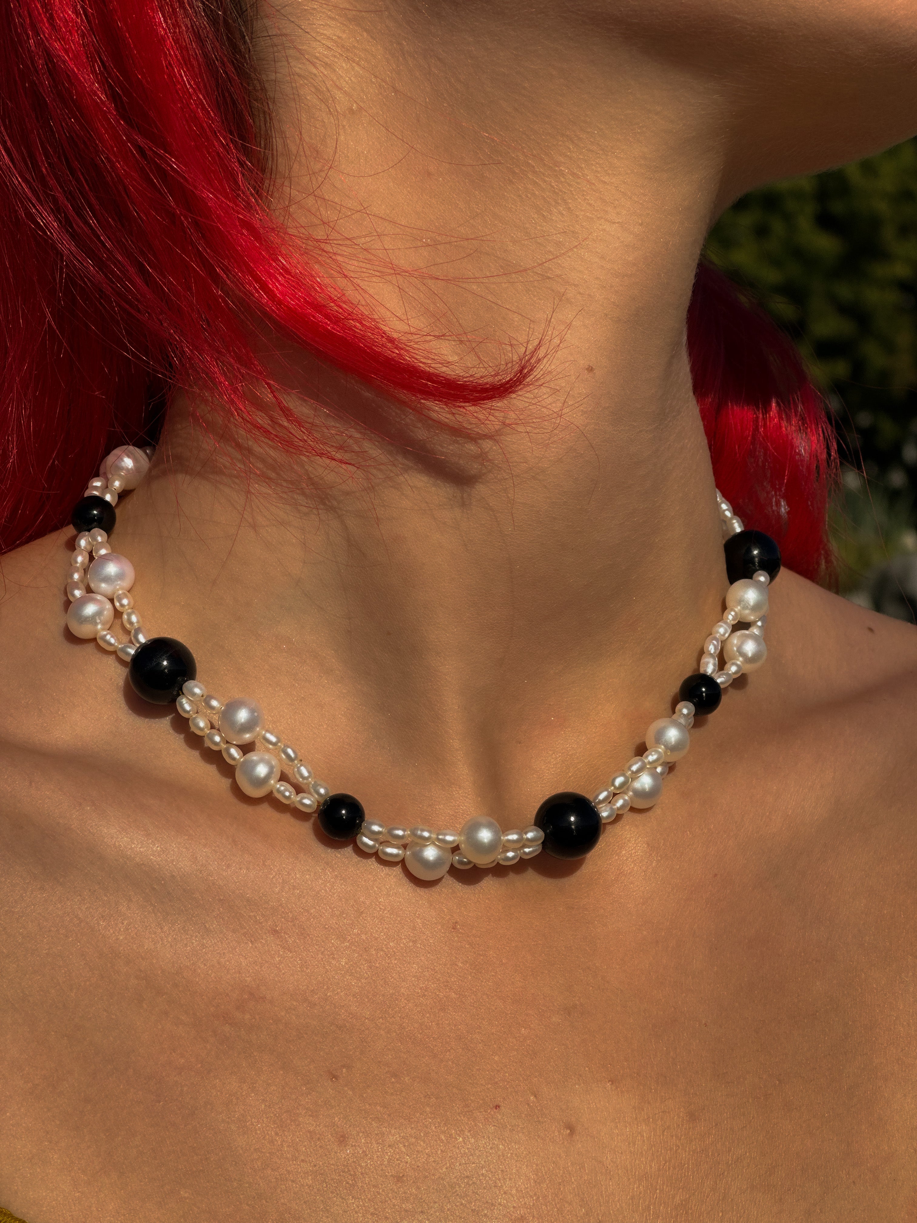 Black Agate Pearl Wave Necklace