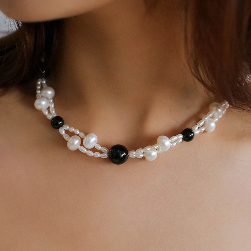 Black Agate Pearl Wave Necklace