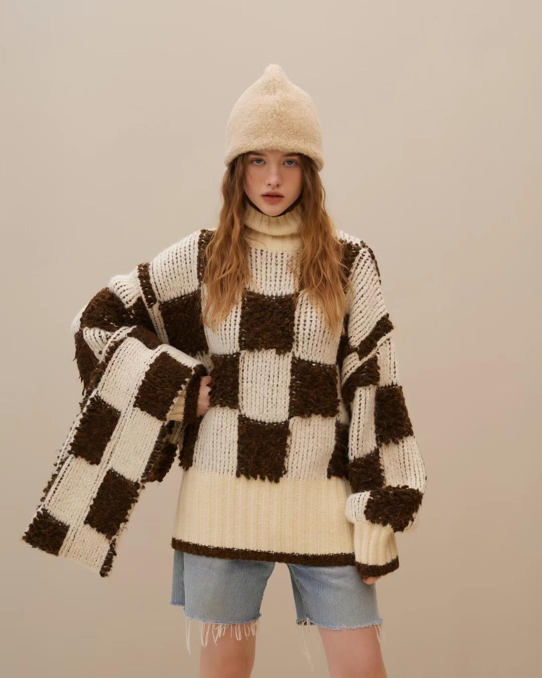 Cofeal Plaid Turtleneck Alpaca Sweater
