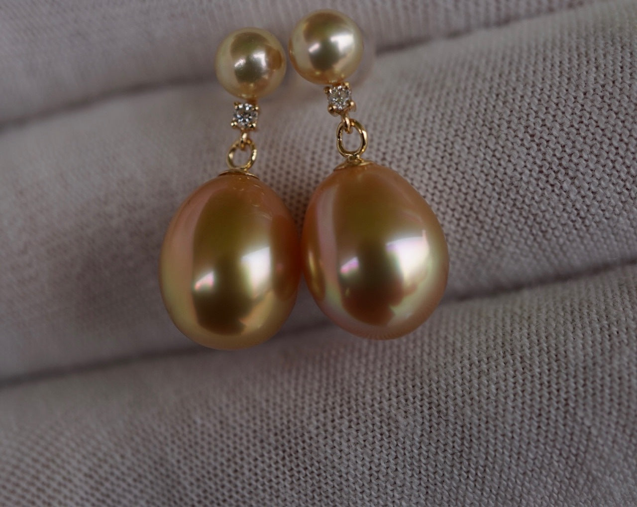 Golden South Sea Pearl & Diamond Dangle Earrings