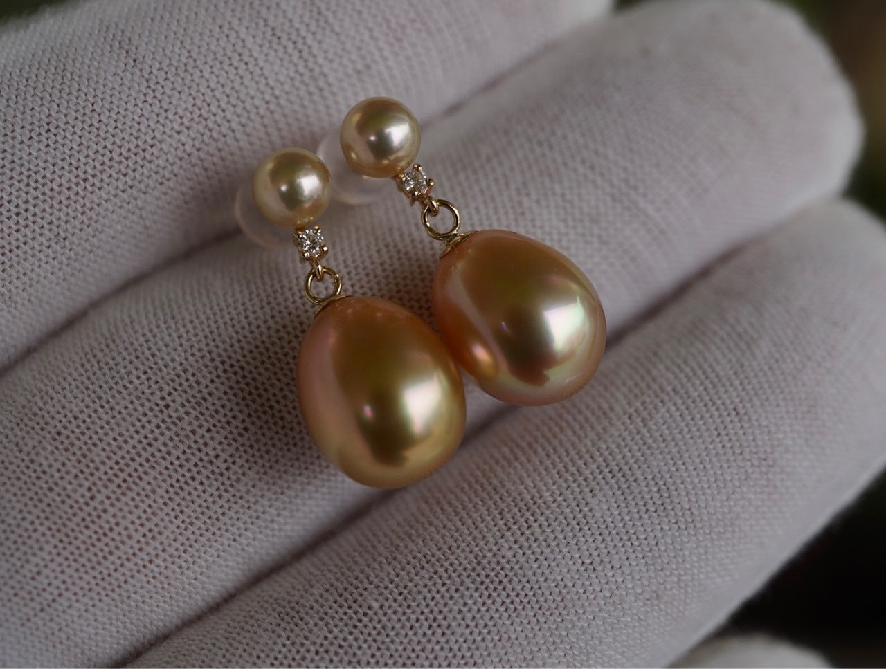 Golden South Sea Pearl & Diamond Dangle Earrings